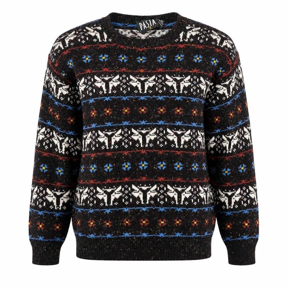 VTG Pasta Sweater Womens M Black Fair Isle Cow Bull 90s Nordic Grandpa Pullover